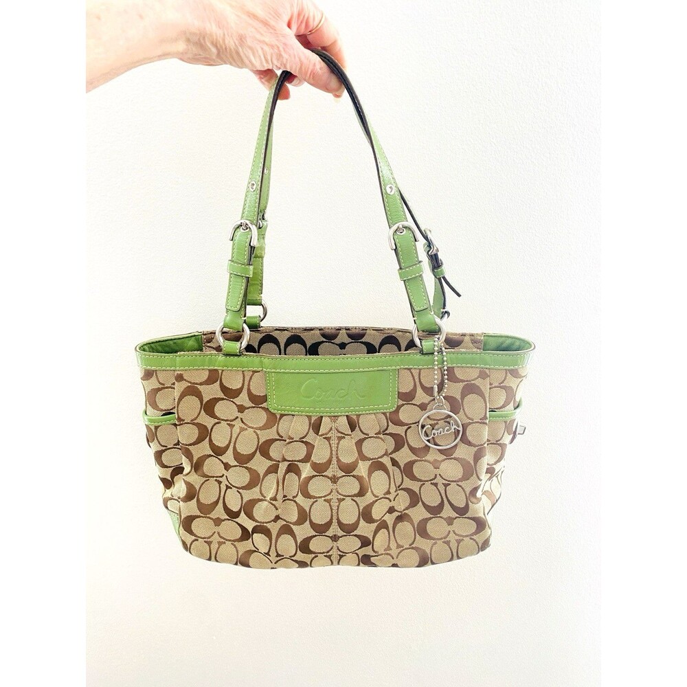 Coach Bag Logo Canvas Green Trim K0993-F14281 Twist Lock Side Pockets
